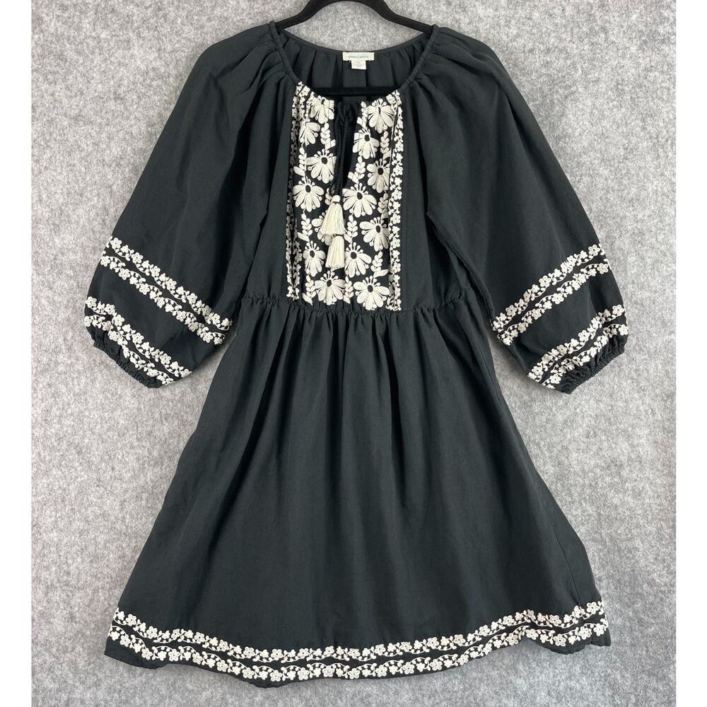 Sundance Josephena Garden Dress Womens‎ XS Black Embroidered Boho Tassel Peasant